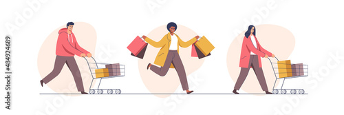 People with trolleys full of purchases and gifts. Mans and womans with packages. Buyers have fun doing shopping. Black Friday, seasonal sale, discount coupon. Vector illustration.