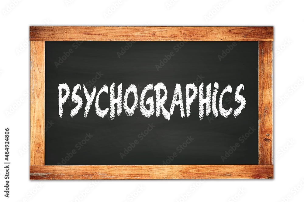 PSYCHOGRAPHICS text written on wooden frame school blackboard. PSYCHOGRAPHICS text written on wooden frame school blackboard.
