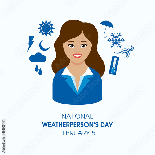 National Weatherperson's Day Poster with meteorologist woman vector. Beautiful woman forecasting the weather vector. Weather blue icon set. Weatherperson's Day Poster, February 5. Important day