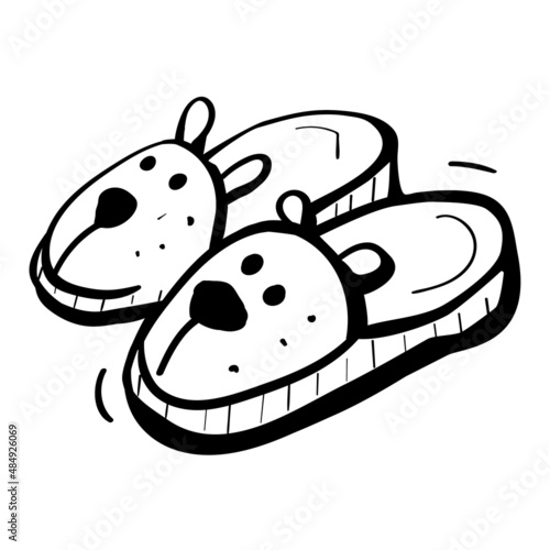 Slippers with pets. Cute Home Cozy Shoes in hand drawn style. Vector coloring illustration