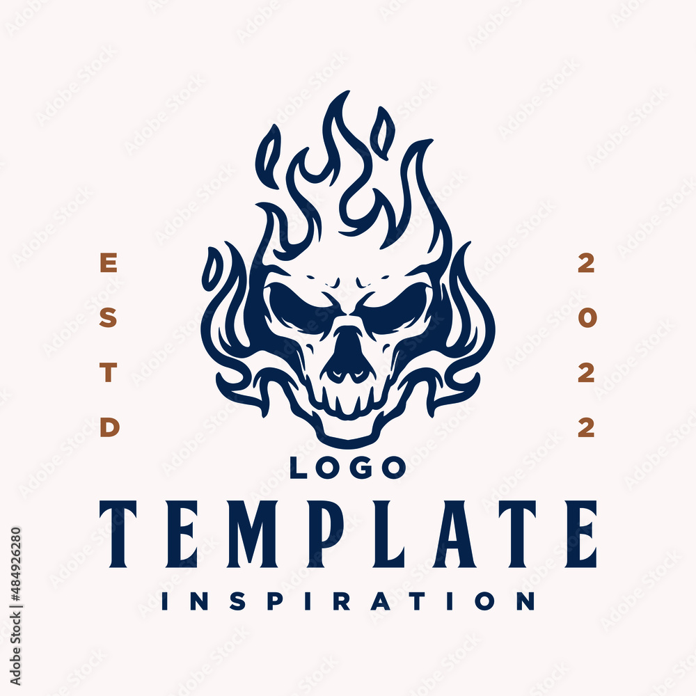 Emblem, Logo template with human skull head. Monochrome design element with human skull and fire. Gothic or horror concept for label, stamp, tattoo template, esport logo