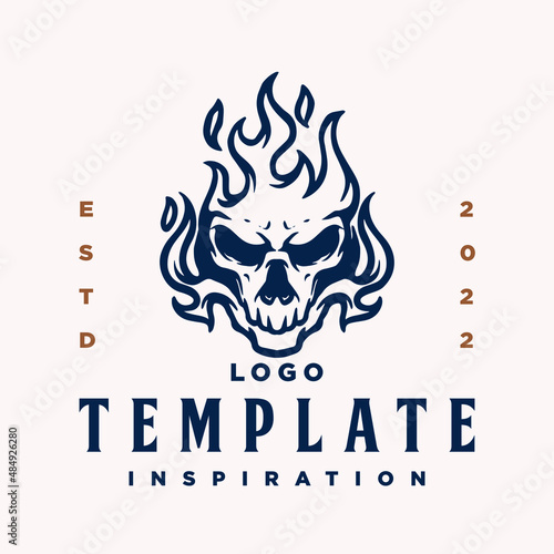 Emblem, Logo template with human skull head. Monochrome design element with human skull and fire. Gothic or horror concept for label, stamp, tattoo template, esport logo