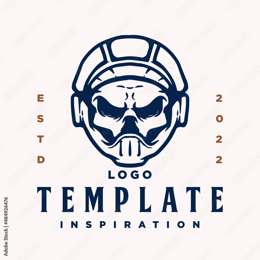 Emblem, Logo template with human skull head. Monochrome design element with human skull and motorcycle helmet. Gothic or horror concept for label, stamp, tattoo template, esport logo Emblem, Logo template with human skull head. Monochrome design element with human skull and motorcycle helmet. Gothic or horror concept for label, stamp, tattoo template, esport logo
