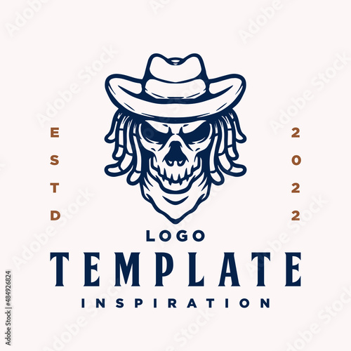 Emblem, Logo template with human skull head. Monochrome design element with human skull and dreadlocks hat. Gothic or horror concept for label, stamp, tattoo template, esport logo