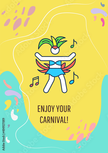 Enjoy your carnival greeting card with color icon element. Brazilian card. Postcard vector design. Decorative flyer with creative illustration. Notecard with congratulatory message on yellow