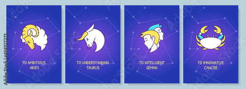 Astrology greeting card with color icon element set. Zodiacal signs. Postcard vector design. Decorative flyer with creative illustration. Notecard with congratulatory message on blue