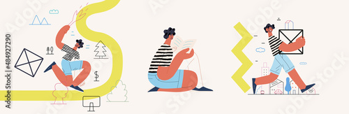 Startup illustrations set. Flat line vector modern concept illustration of people, startup metaphor. Concept of building new business, planning, strategy, teamwork and management. Company processes