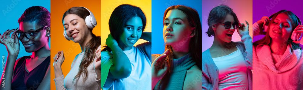 Obraz premium Collage of portraits of young emotional people on multicolored background in neon. Concept of human emotions, facial expression, sales.