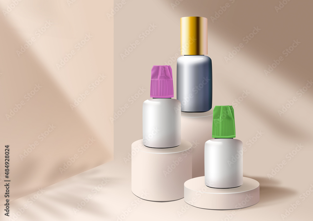 Beauty mockup. Set bottle of glue. Exhibition podium. Tropical leaf shadow. 3D rendering. Beige background Beauty mockup. Set bottle of glue. Exhibition podium. Tropical leaf shadow. 3D rendering. Beige background