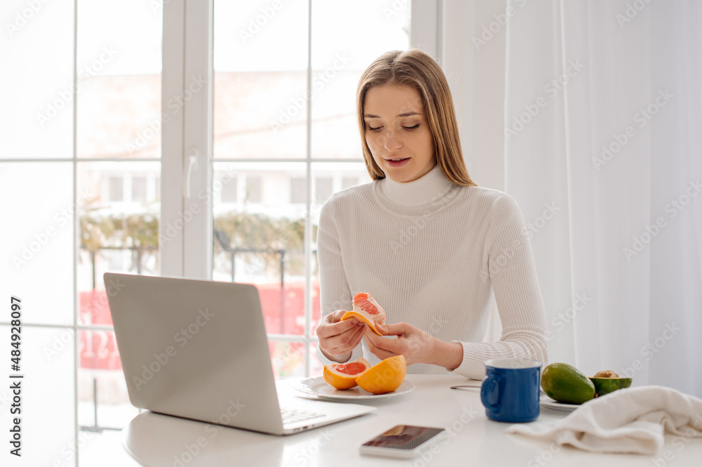 Young beautiful woman working with laptop at home in front of a large window with morning light Young beautiful woman working with laptop at home in front of a large window with morning light