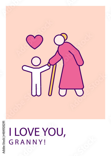 I love you, granny greeting card with color icon element. Send wishes to grandmother. Postcard vector design. Decorative flyer with creative illustration. Notecard with congratulatory message on pink