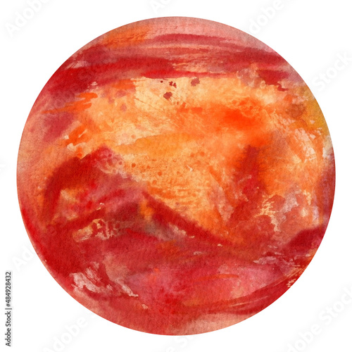 Mars, watercolor planet, isolated white background, space hand drawing illustration