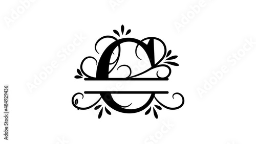 Monogram, split letter C. Just add your name to the logo. Animation of the letter, twigs, leaves grow. Alpha channel, transparent background. Blogging, intro template for video channel. Illustration