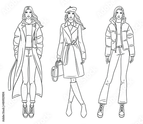 Female clothes collection. Fashion models in stylish coats and jackets. Vector line illustration of beautiful young women, isolated on white background.