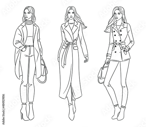Female clothes collection. Fashion models in stylish coats and jackets. Vector line illustration of beautiful young women, isolated on white background.