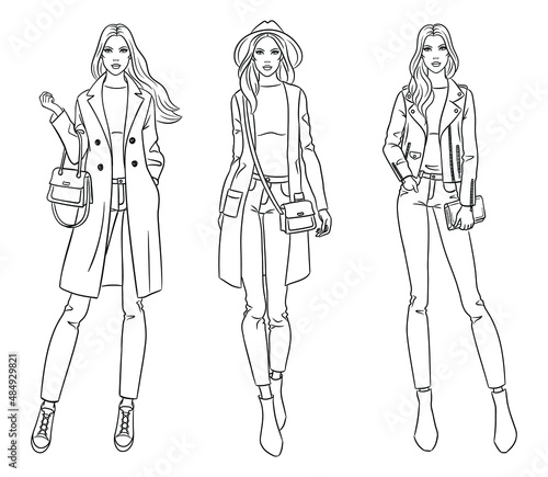 Female clothes collection. Fashion models in stylish coats and jackets. Vector line illustration of beautiful young women, isolated on white background.