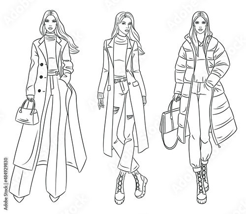 Female clothes collection. Fashion models in stylish coats and jackets. Vector line illustration of beautiful young women, isolated on white background.