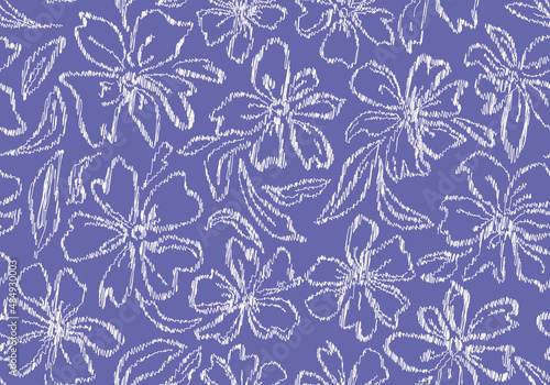 Scribbled very peri botanical florals seamless repeat pattern. Random placed  hand drawn vector flowers with leaves all over print background.