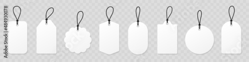 Set blank white paper price tags or gift tags. Paper labels with cord. Set template shopping labels with shadow - stock vector.