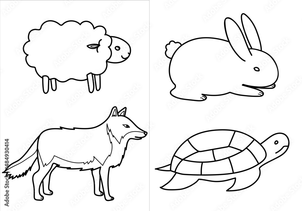 Obraz premium animals coloring book, animals line sketch, animals illustration vectors. rabbit, turtle, sheep, wolf.