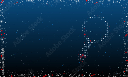 On the right is the magnifier symbol filled with white dots. Pointillism style. Abstract futuristic frame of dots and circles. Some dots is red. Vector illustration on blue background with stars