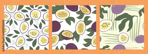Set seamless pattern ripe passion fruit. Cartoon print of an exotic fruit on a white isolated background. Hand-drawn organic food. Tropical treats. Print, wallpaper for your design