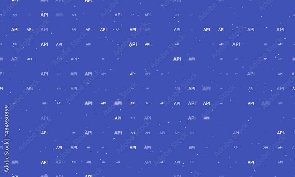 Seamless background pattern of evenly spaced white api symbols of different sizes and opacity. Vector illustration on indigo background with stars
