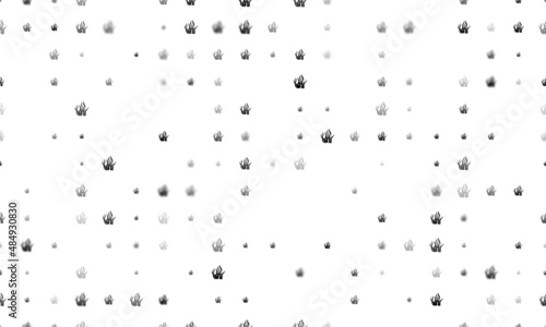 Seamless background pattern of evenly spaced black seaweed symbols of different sizes and opacity. Vector illustration on white background