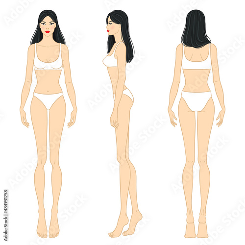 Female body, front, side, and back views. Female fashion figure template. Beautiful Asian woman wearing lingerie, isolated on white background. Fashion model in a bikini, vector illustration. 