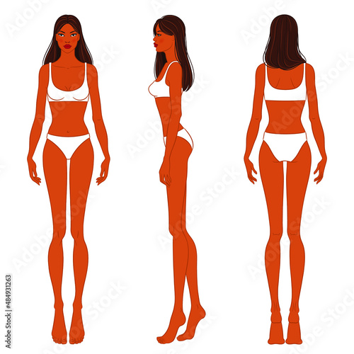 Female body, front, side, and back views. Female fashion figure template. Beautiful black woman wearing lingerie, isolated on white background. Fashion model in a bikini, vector illustration.