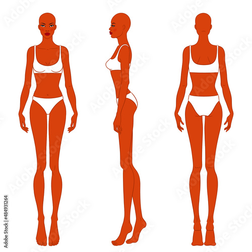 Female body, front, side, and back views. Female fashion figure template. Beautiful black woman wearing lingerie, isolated on white background. Fashion model in a bikini, vector illustration.