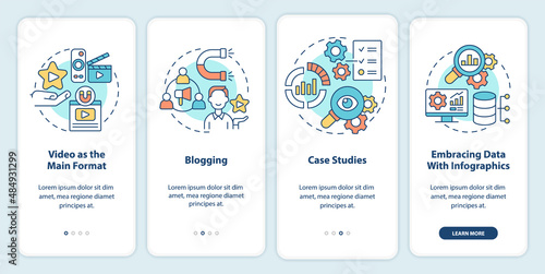 Content marketing trends onboarding mobile app screen. Channels walkthrough 4 steps graphic instructions pages with linear concepts. UI, UX, GUI template. Myriad Pro-Bold, Regular fonts used