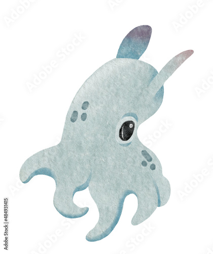 Cute kawaii watercolor blue Dumbo octopus. Children print sea animals. Deep sea creature. High quality illustration isolated on white.