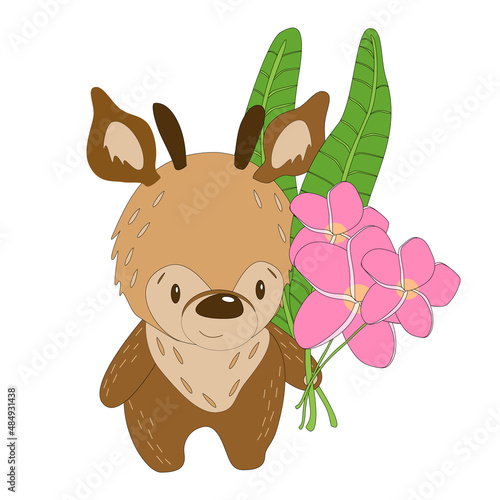 Fototapeta Naklejka Na Ścianę i Meble -  Cute cartoon baby deer with plumeria flowers