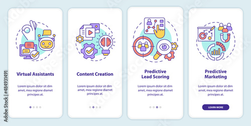 Usage of AI in marketing onboarding mobile app screen. Automation walkthrough 4 steps graphic instructions pages with linear concepts. UI, UX, GUI template. Myriad Pro-Bold, Regular fonts used