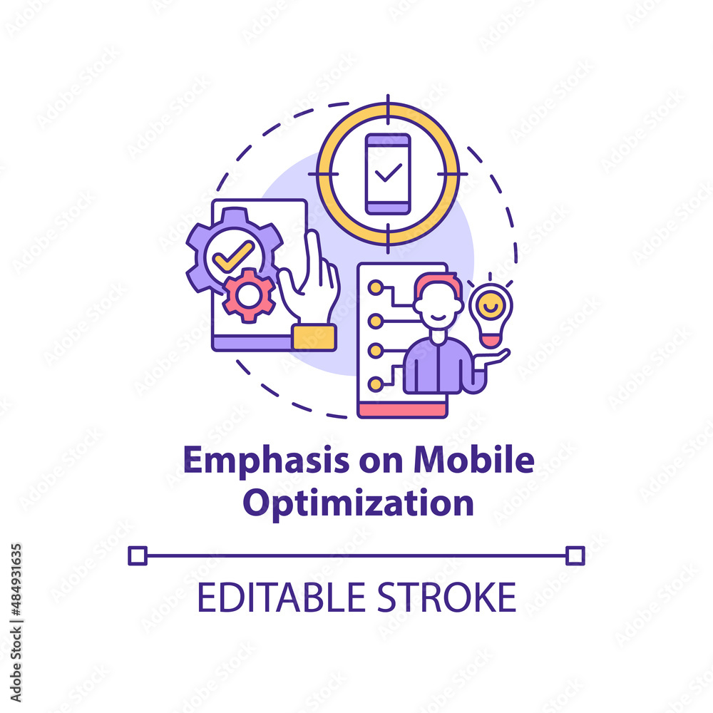 Emphasis on mobile optimization concept icon. Ad channel. Marketing trend abstract idea thin line illustration. Isolated outline drawing. Editable stroke. Arial, Myriad Pro-Bold fonts used