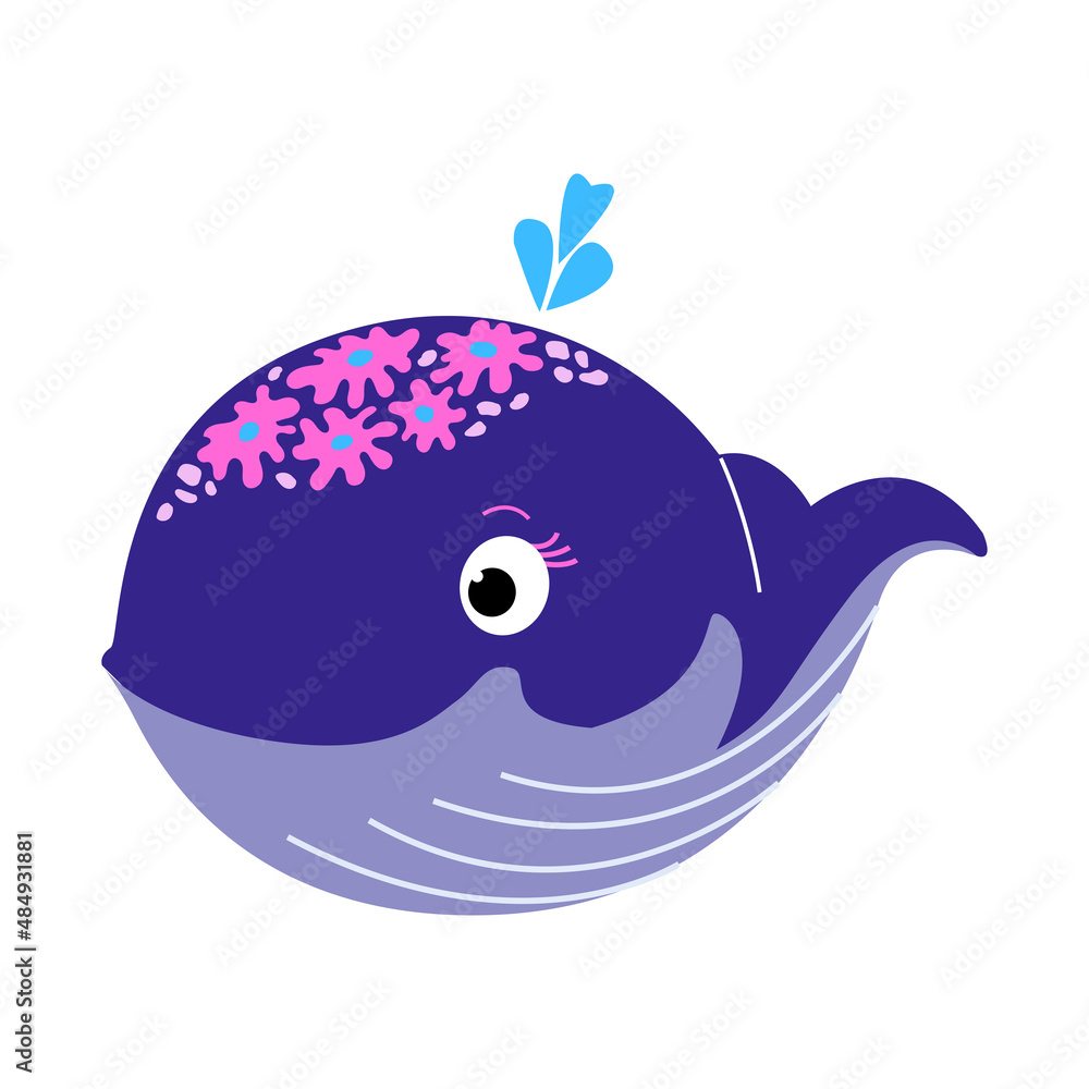 Cute character purple Whale blowing a fountain. Protection of marine mammals for World Whale Day. Vector flat illustration for poster, banner, card, childrens book. Cute character purple Whale blowing a fountain. Protection of marine mammals for World Whale Day. Vector flat illustration for poster, banner, card, childrens book.