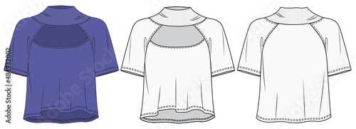 Women Sweater fashion flat template. T shirt set fashion drawing template. Girl crop top knitting. Very peri crop top set.