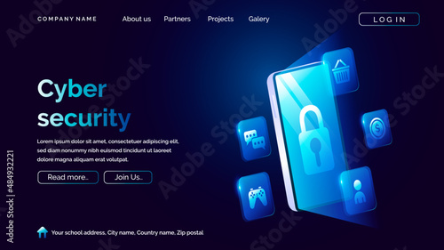 Cyber security landing page vector in dark background