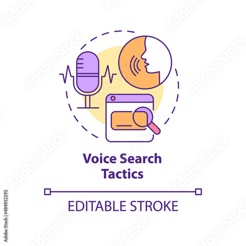 Voice search tactics concept icon. Promotion channel. SEO marketing trend abstract idea thin line illustration. Isolated outline drawing. Editable stroke. Arial, Myriad Pro-Bold fonts used