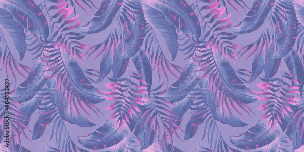 Exotic wallpaper with tropical leaves. Palm leaves, banana leaves, foggy background. Jungle tropical forest seamless pattern. Purple colors. Hand drawn design for fabrics, clothes, goods Exotic wallpaper with tropical leaves. Palm leaves, banana leaves, foggy background. Jungle tropical forest seamless pattern. Purple colors. Hand drawn design for fabrics, clothes, goods