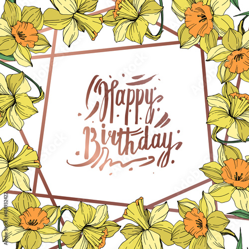 Vector Yellow Narcissus floral botanical flower. Engraved ink art. Frame border ornament square.