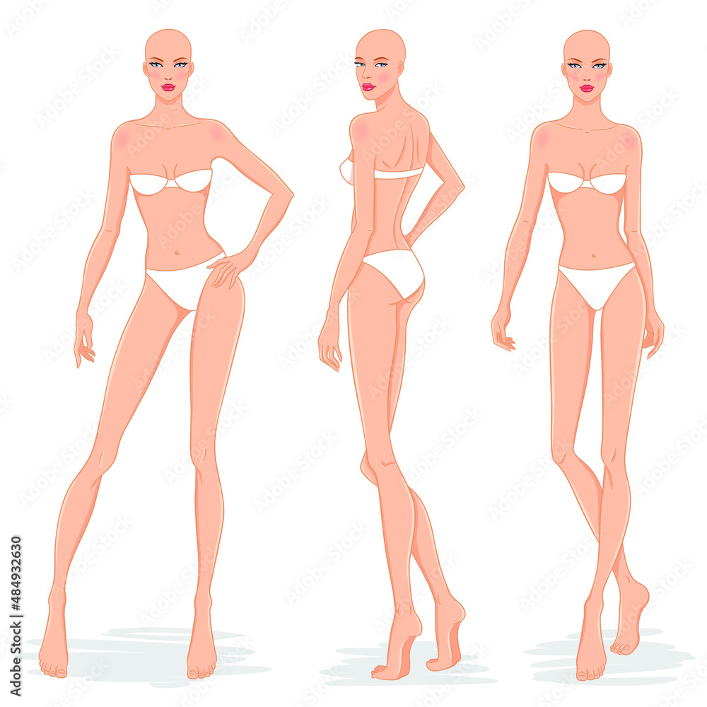 Fashion models posing, vector illustration. Women body templates. Nine head fashion female colored croquis, vector set. Fashion models posing, vector illustration. Women body templates. Nine head fashion female colored croquis, vector set.