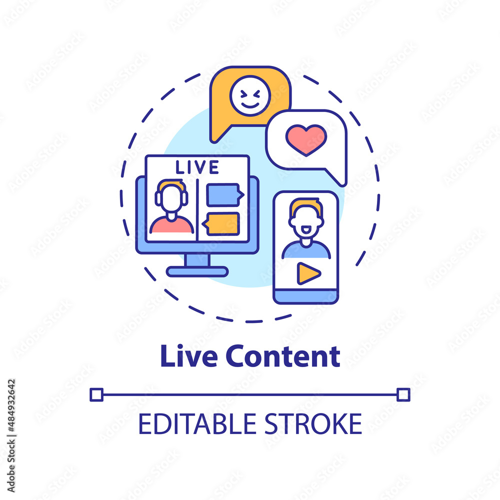 Live content concept icon. Communication with customer. Modern marketing trend abstract idea thin line illustration. Isolated outline drawing. Editable stroke. Arial, Myriad Pro-Bold fonts used
