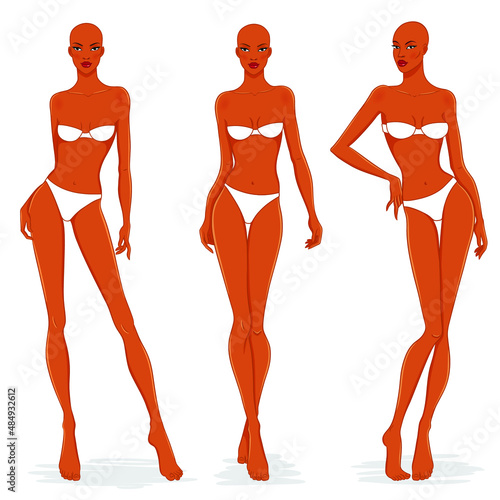 African American fashion models posing, vector illustration. Women body templates. Nine head fashion female colored croquis with face, vector set. Beautiful black girls.