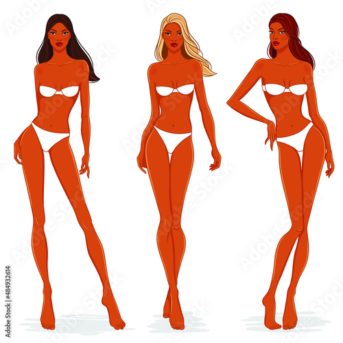 African American fashion models posing, vector illustration. Women body templates. Nine head fashion female colored croquis with face and hairstyle, vector set. Beautiful black girls.