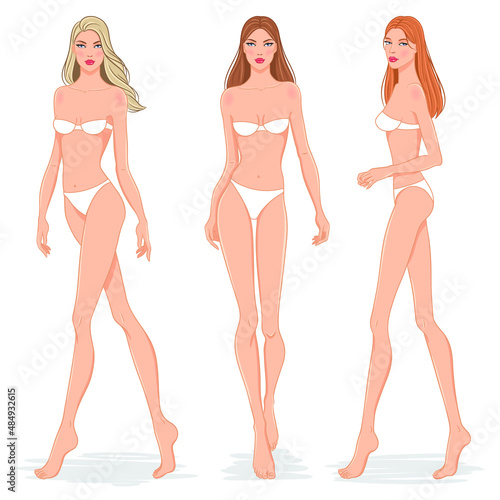 Fashion models posing, vector illustration. Women body templates. Nine head fashion female colored croquis with face and hairstyle, vector set. photo