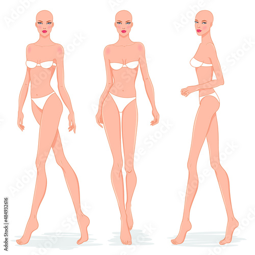  Fashion models posing, vector illustration. Women body templates. Nine head fashion female colored croquis, vector set.