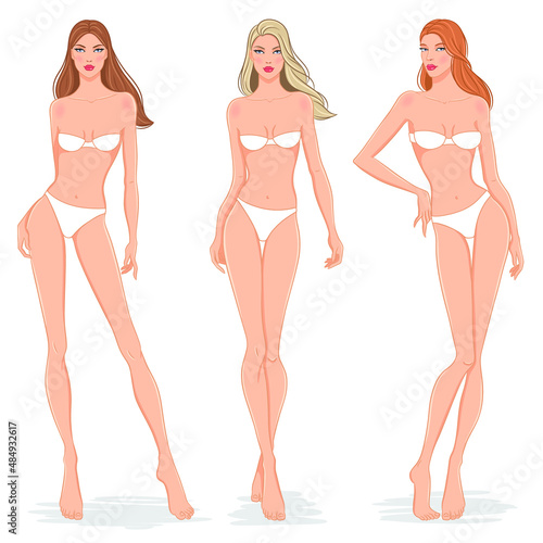 Fashion models posing, vector illustration. Women body templates. Nine head fashion female colored croquis with face and hairstyle, vector set. photo