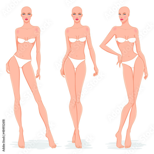  Fashion models posing, vector illustration. Women body templates. Nine head fashion female colored croquis, vector set.